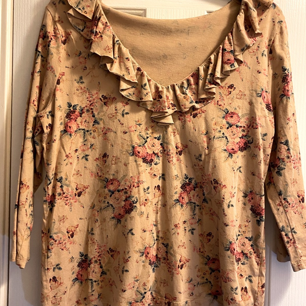 Ralph Lauren Knit Floral Ruffle Neck Top